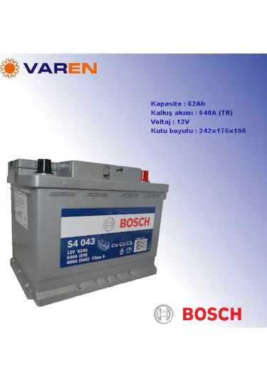 Bosch 12V 62 Ah S4 043 - 60 Ah Kasası Akü N Bosch S4 043 Silver 12V 62Ah 540A (EN) Akü