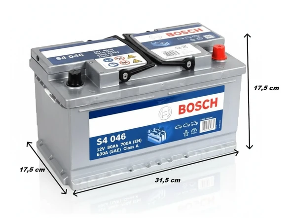 Bosch S4 046 12 V 80 Ah Akü ölçülü Bosch S4 046 12V 80Ah 700A (EN) Basık Tip Akü