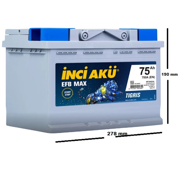 İnci Efb Max Tigris 12 V 75 Ah Start-Stop Akü İnci Max Tigris EFB 12V 75Ah 750A (EN) Akü