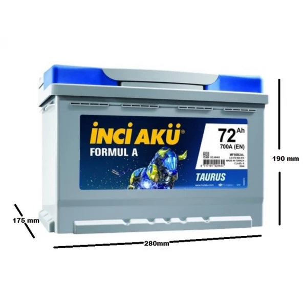 İnci Formul A Taurus 12 V 72 Ah 700 Cca En Akü ÖLÇÜLÜ İnci 12V 72Ah 700A (EN) Akü
