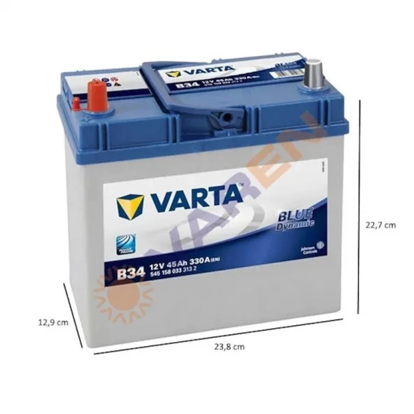 Varta Blue Dynamic B34 Ters Kutup 12 V 45 Ah 330 A(En) Akü ÖLÇÜLÜ Varta Blue Dynamic B34 Ters Kutup 12V 45Ah 330A (EN) Akü