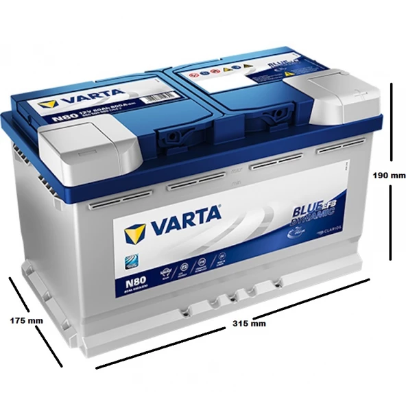 Varta Blue Dynamic N80 Start-Stop Efb 12 V 80 Ah 800 A(En) Akü ÖLÇÜLÜ Varta Blue Dynamic EFB N80 12V 80Ah 800A (EN) Akü