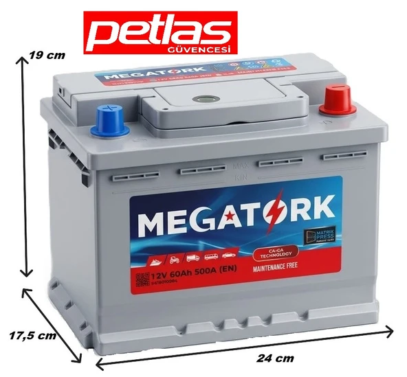 Megatork 12V 60Ah 490A (EN) Petlas Grubu Üretimi Akü